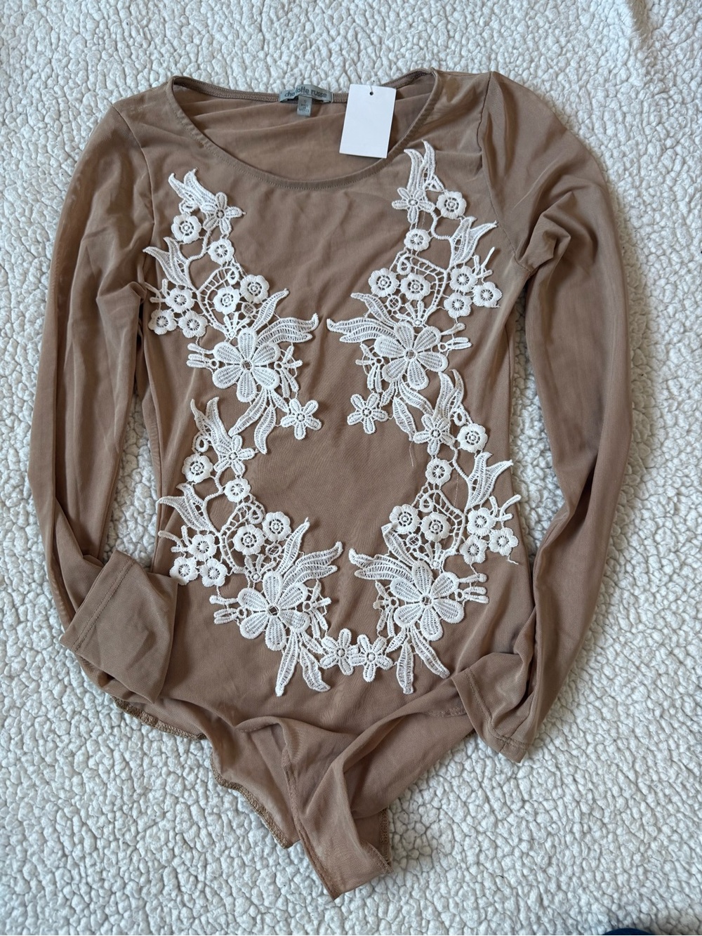 Y2K Charlotte Russe Nude Sheer Mesh Ivory Floral Appliqué Bodysuit S